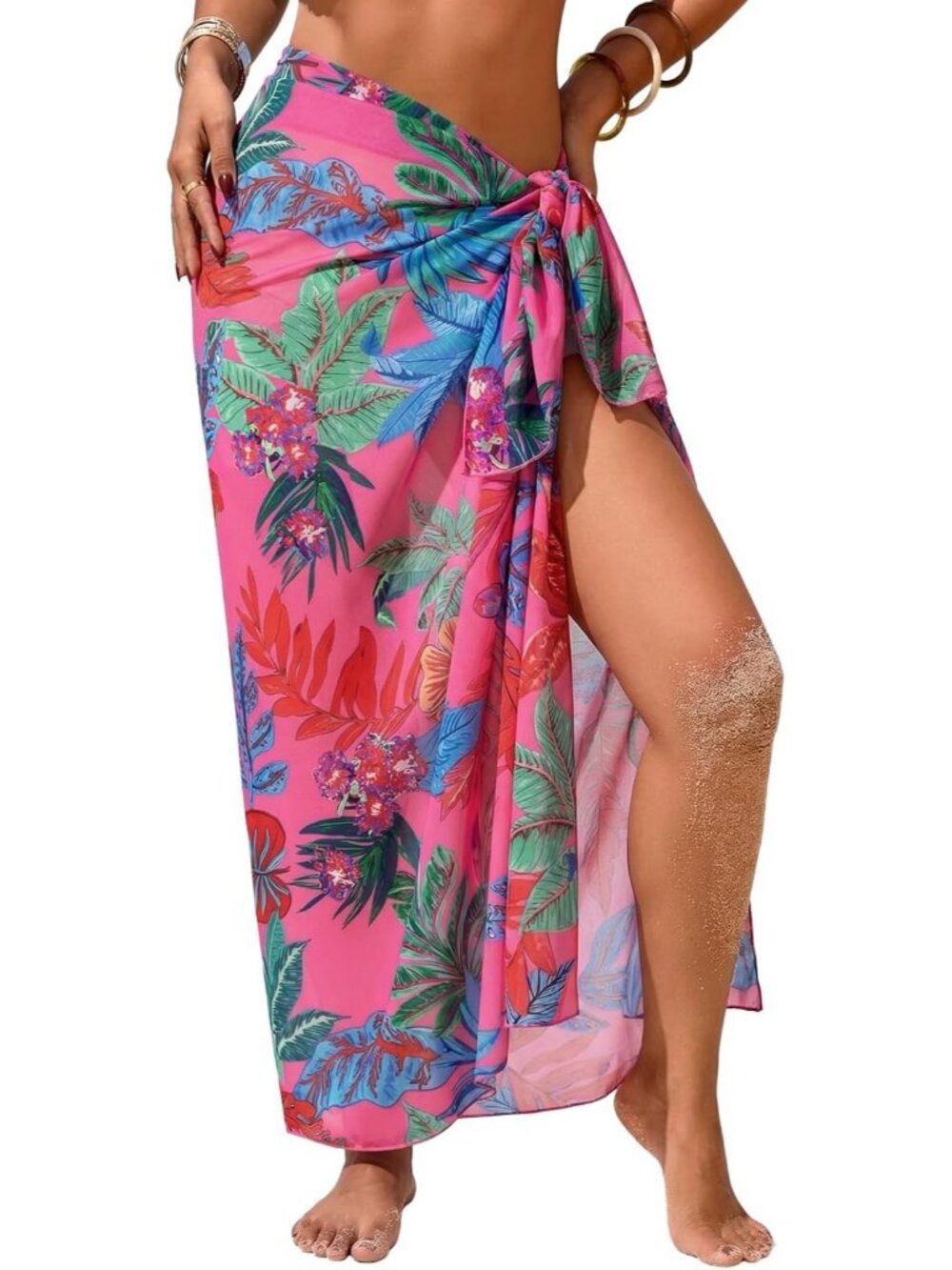 Women's Rose Tropical Leaf High Slit Summer Beach Coverup Sheer Sarong